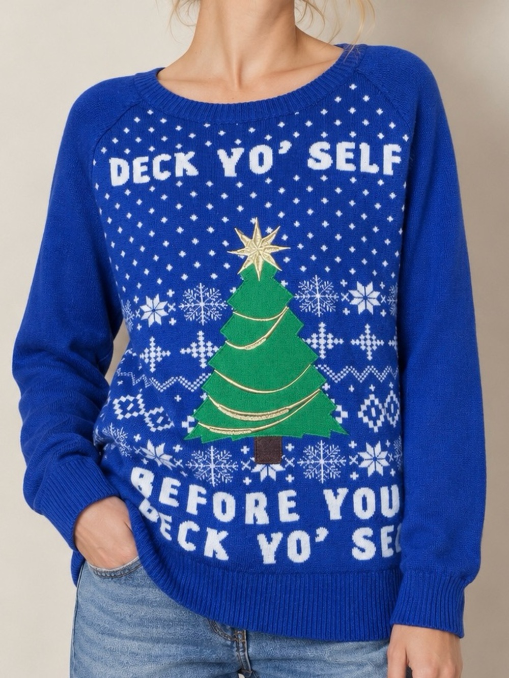 Well Worn Deck Yo’ Self Before You Wreck Yo’ Self Blue Christmas Sweater Sz Med